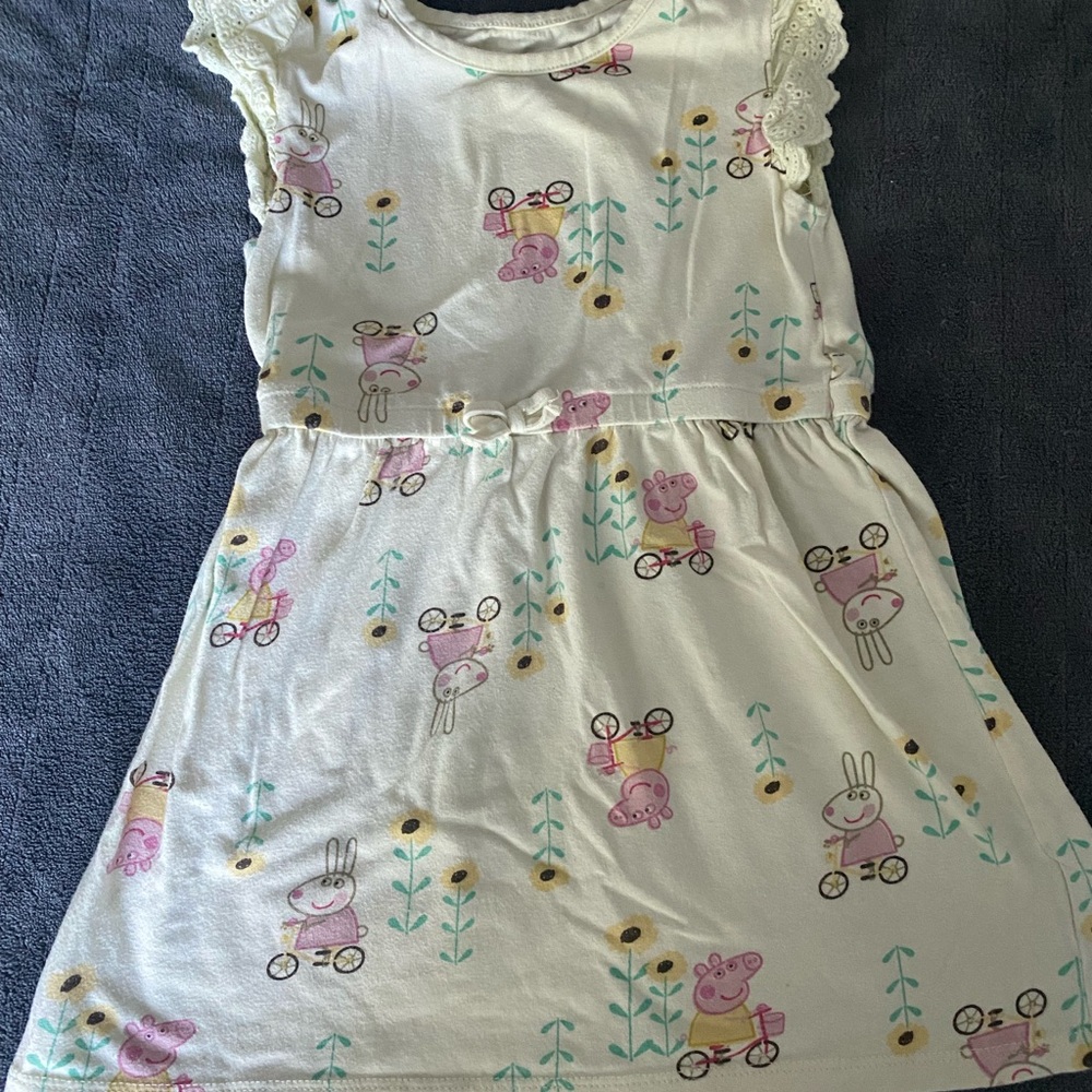Peppa Pig Dress Size 4T Toddler Girls Yellow Cotton Pink Bicycle Eyelet Sleeves
